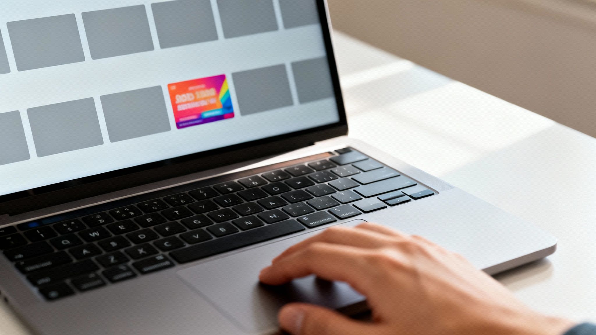 A close-up of a person's hand using a laptop with a colorful banner ad design on the screen.