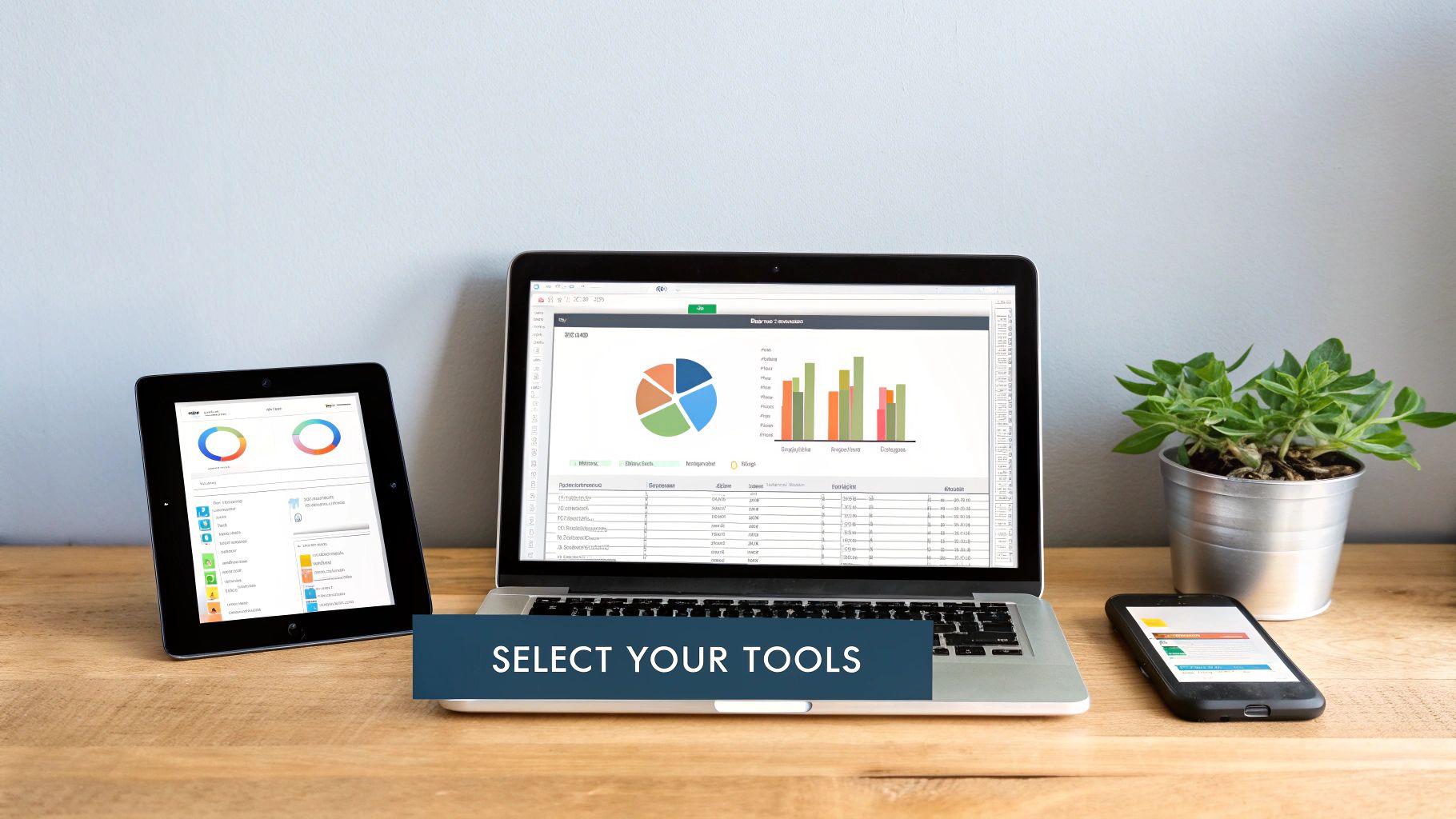 A desk with a laptop, tablet, and smartphone displaying data analysis tools, alongside a plant.