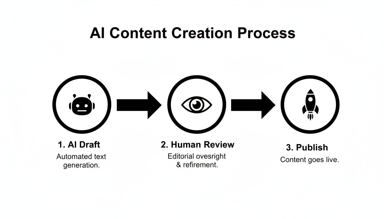 A diagram illustrates the AI content creation process: AI Draft, Human Review, then Publish.