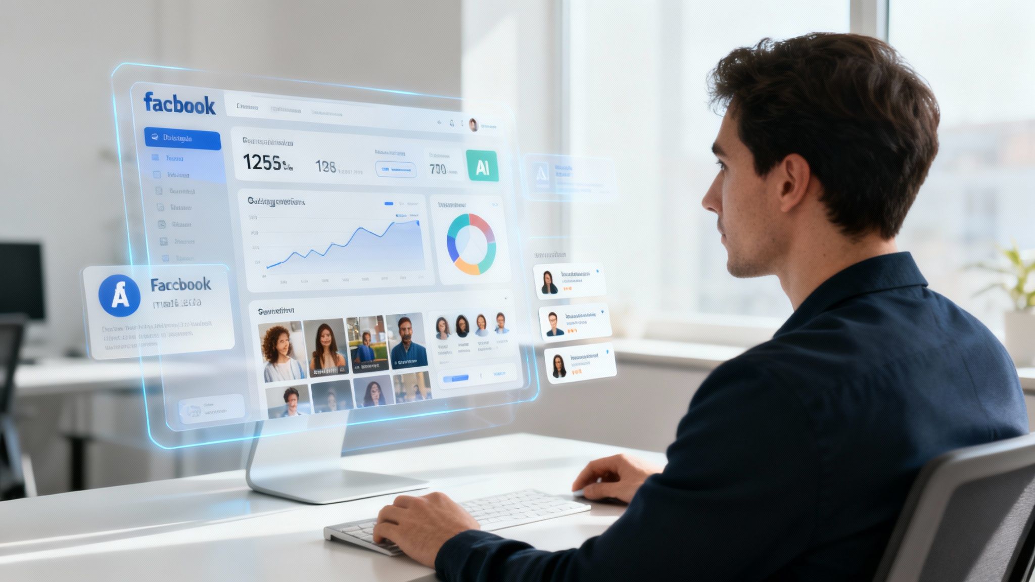 Man viewing a futuristic transparent monitor with Facebook-like AI analytics and user data in an office.