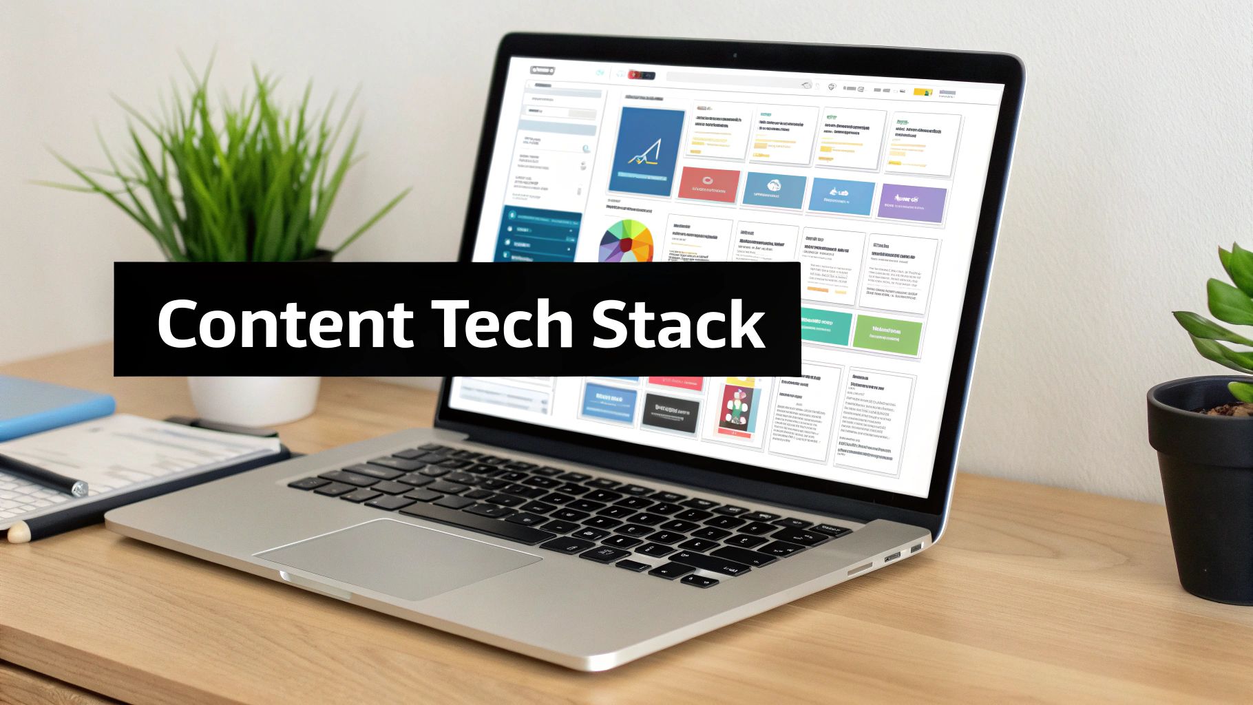 A laptop on a wooden desk displaying a 'Content Tech Stack' dashboard, with office supplies and plants.