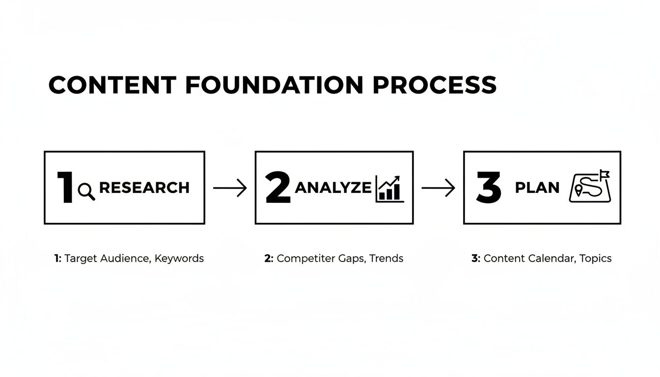 Flowchart illustrating a 3-step content foundation process: Research, Analyze, and Plan for content strategy.