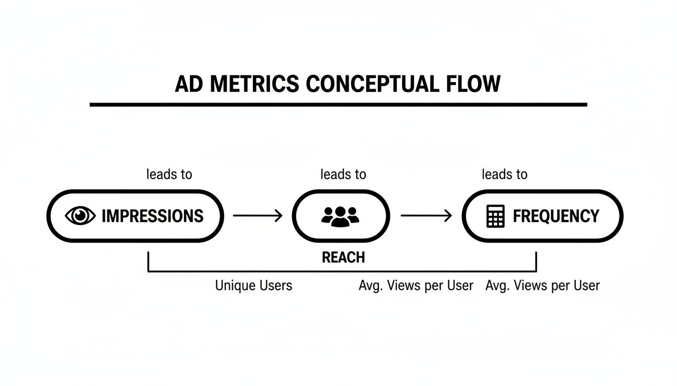 Conceptual flow diagram illustrating ad metrics: Impressions lead to Reach (Unique Users) which leads to Frequency (Avg. Views per User).