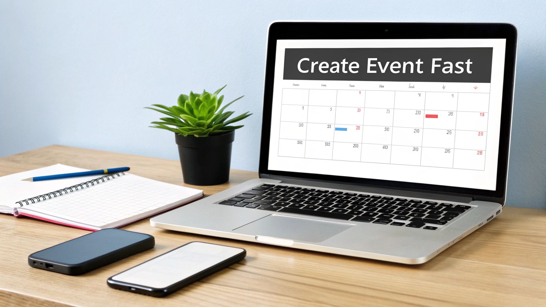 A laptop on a wooden desk displays a calendar with "Create Event Fast", alongside a notebook, pencil, and two smartphones.