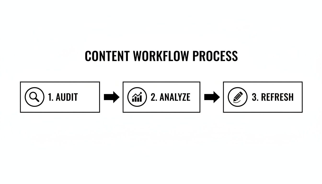 Diagram illustrating a content workflow process with sequential steps: 1. Audit, 2. Analyze, and 3. Refresh.