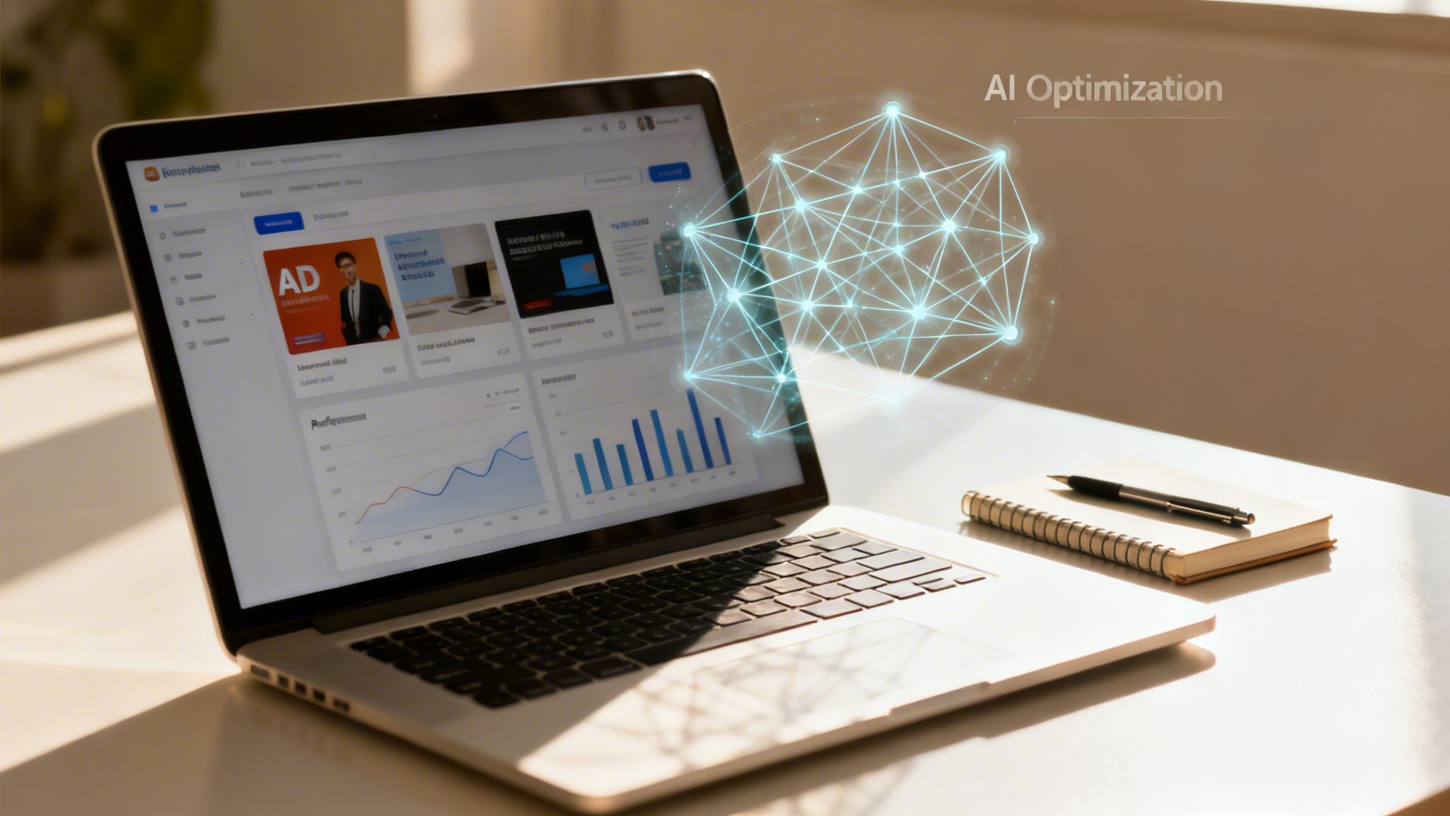 Laptop displaying a data dashboard with AI optimization graphics, a notebook, and a pen on a desk.