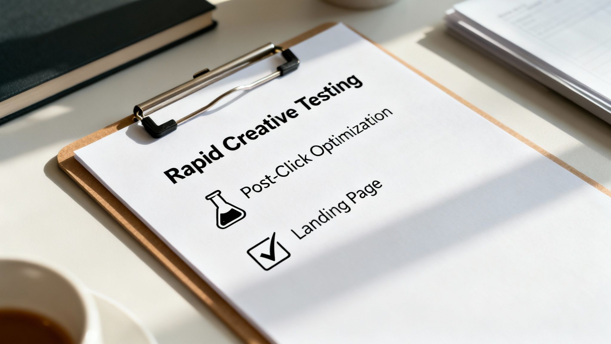 A clipboard checklist for rapid creative testing, including post-click optimization and landing page.