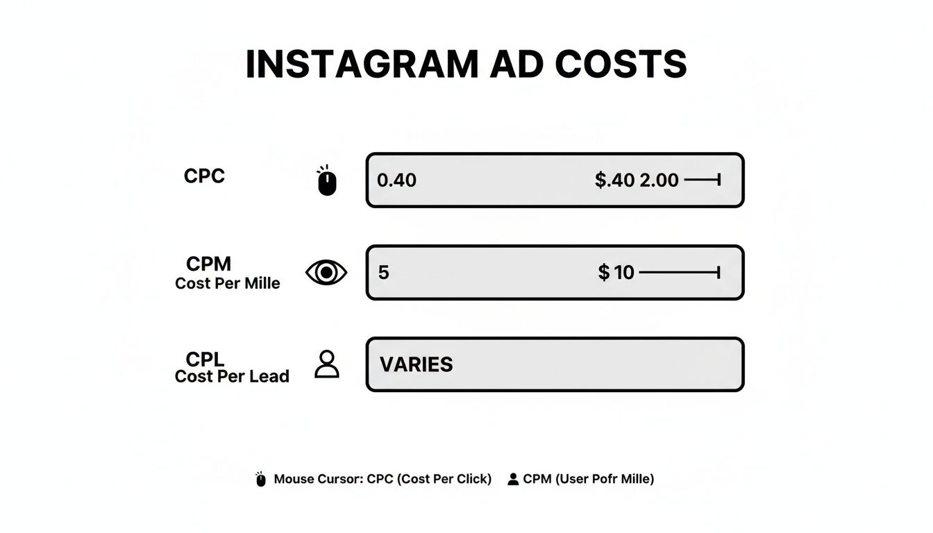 A chart detailing Instagram ad costs: CPC ($0.40-$2.00), CPM ($5-$10), and CPL (varies).
