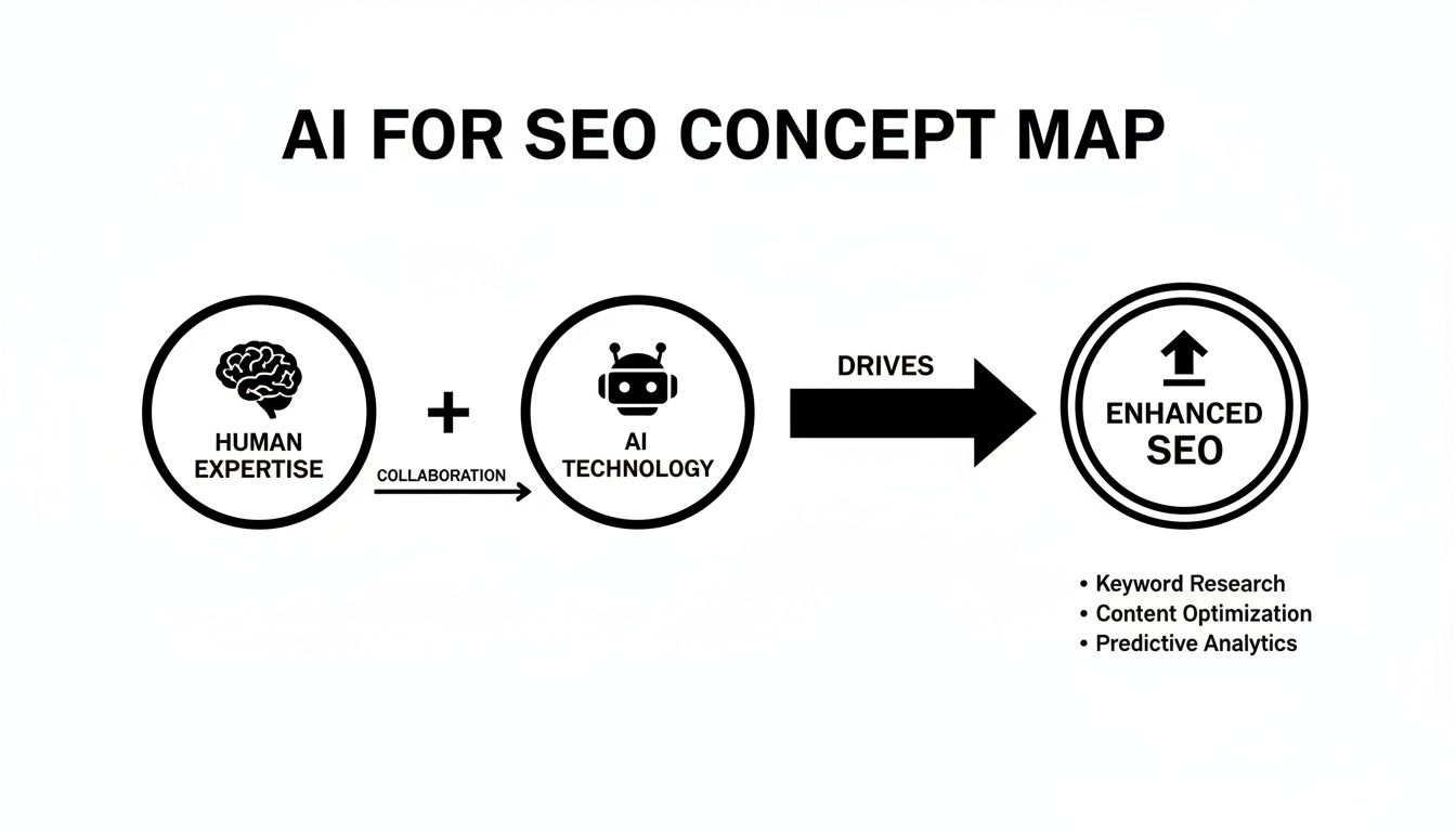 Concept map illustrating human expertise and AI technology collaborating to enhance SEO, improving keyword research, content, and analytics.