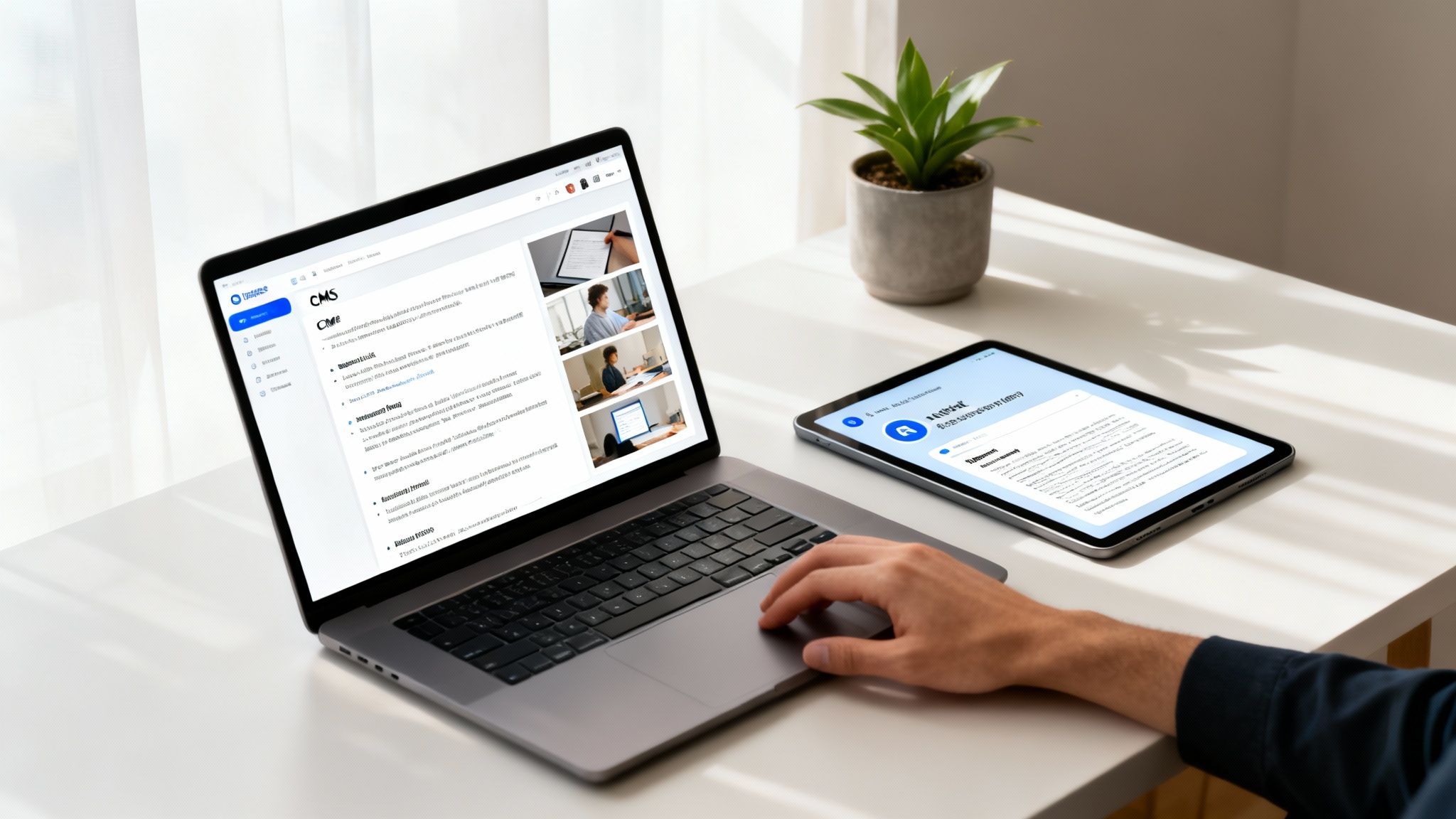 A person's hand on a laptop next to a tablet, both displaying web content.
