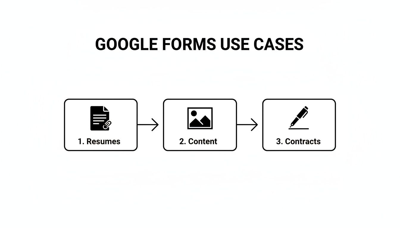 A diagram illustrating Google Forms use cases for resumes, content, and contracts in a sequential flow.