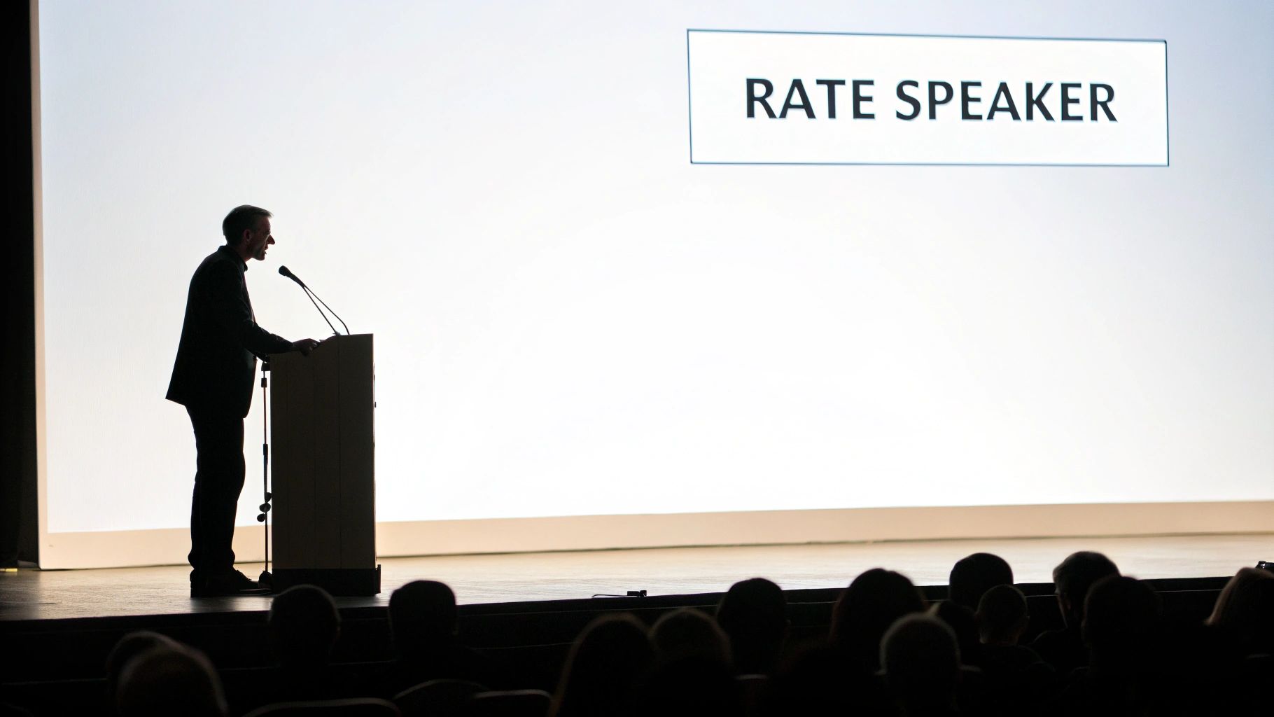 A silhouetted speaker stands at a podium in front of a large screen displaying 'RATE SPEAKER' to an audience.