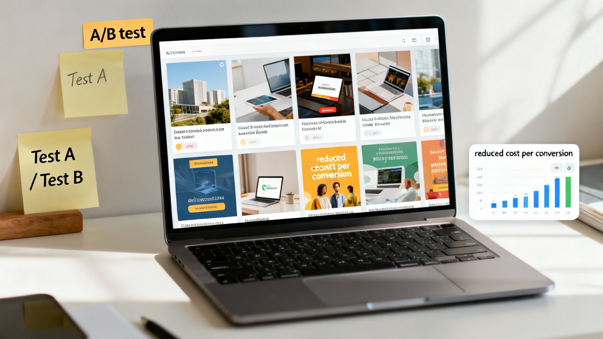 Laptop on a desk with sticky notes about A/B testing and a chart showing reduced cost per conversion.