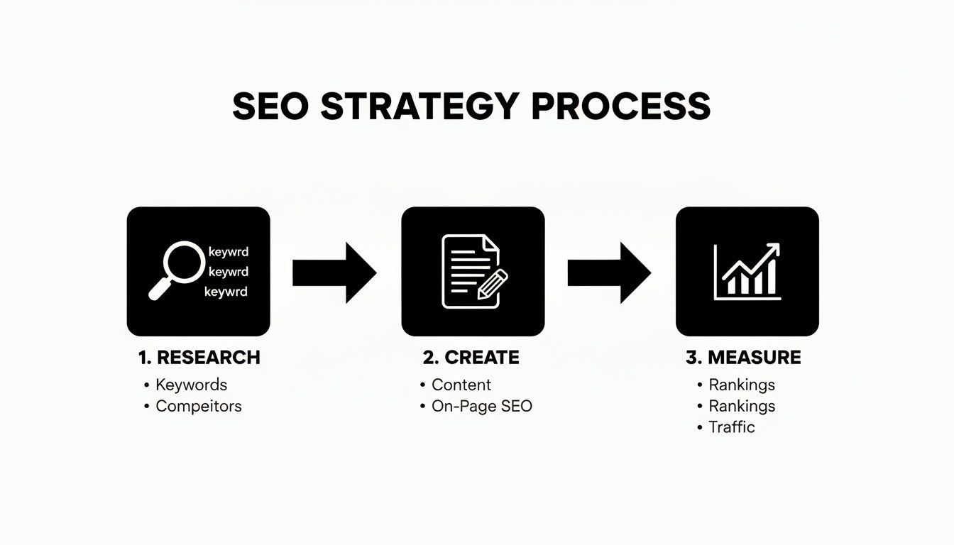 Flowchart outlining the SEO strategy process, including research, content creation, and performance measurement.