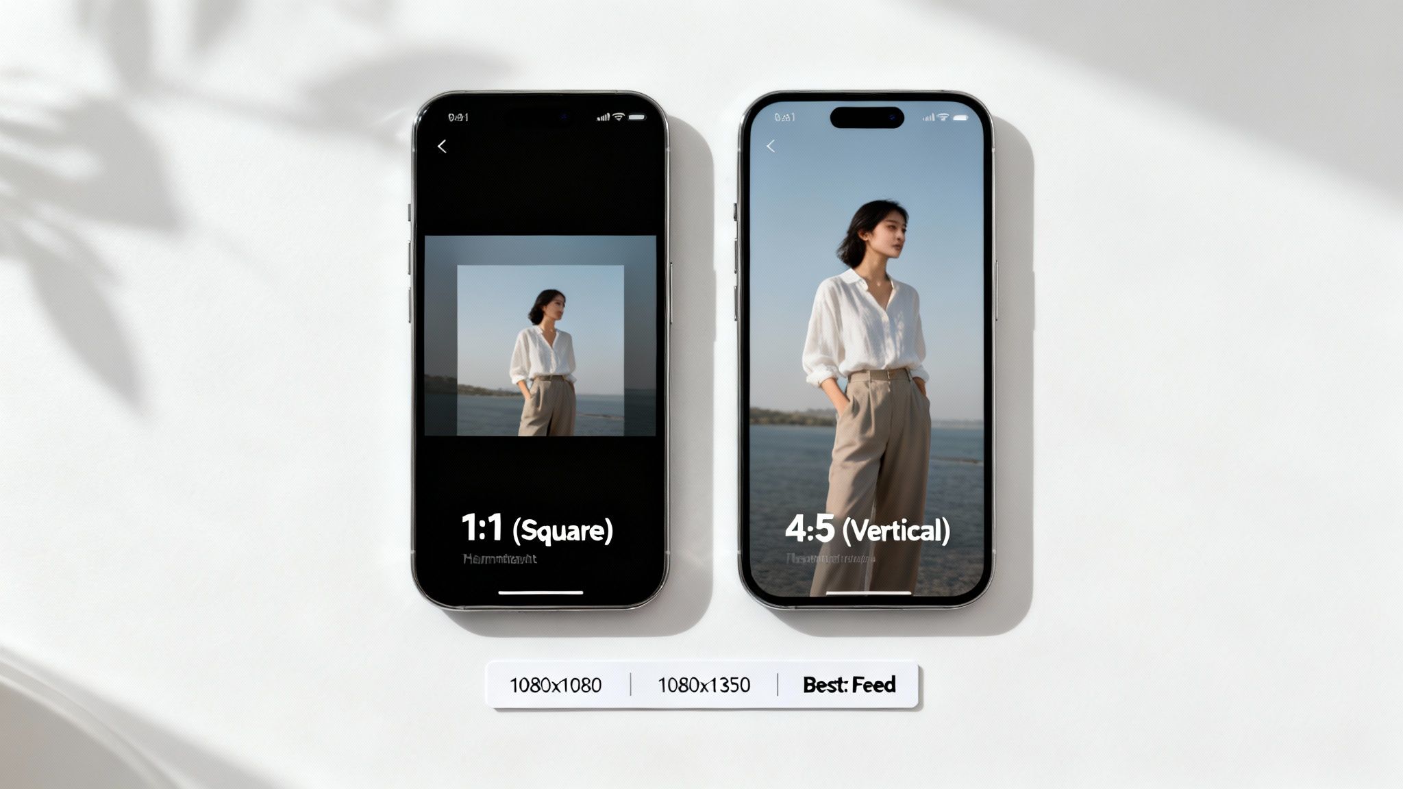 Two smartphones displaying a woman's photo cropped in 1:1 square and 4:5 vertical aspect ratios.