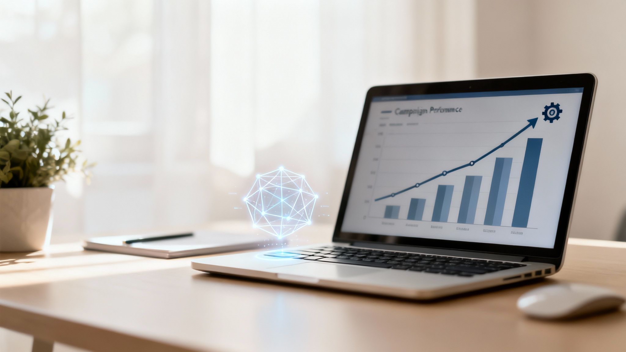 Laptop showing campaign performance graph with upward trend, gear icon, and glowing data network on a bright office desk.