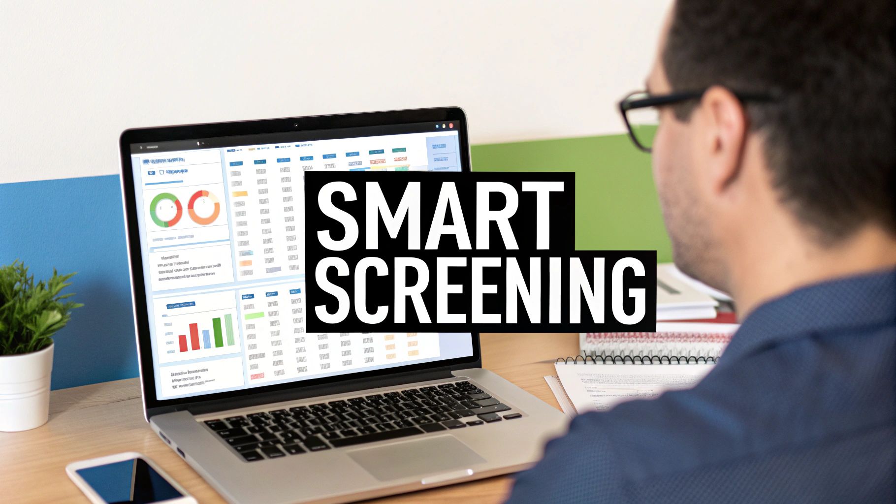A person in glasses viewing a laptop screen with data charts, showing "SMART SCREENING" overlay.