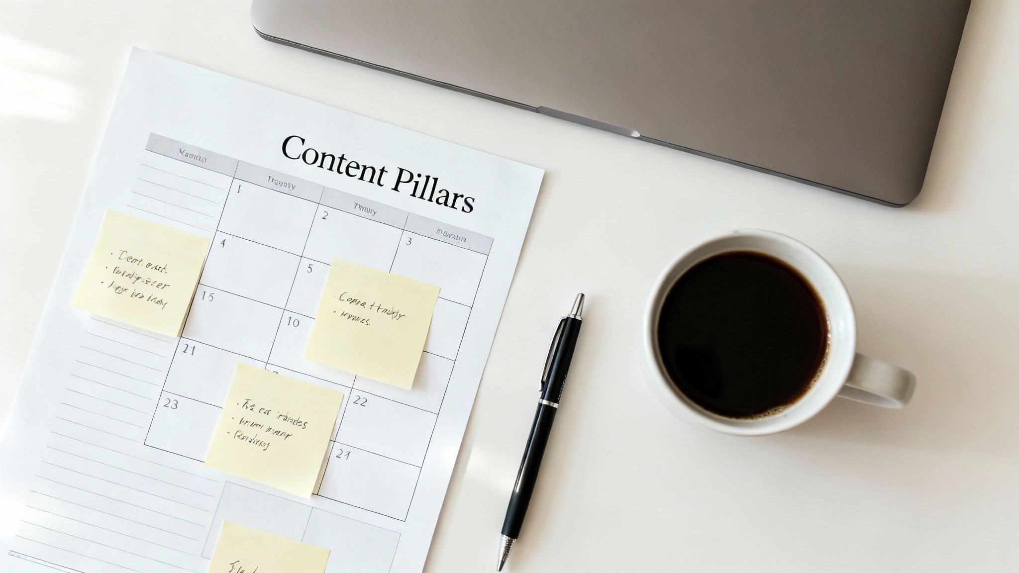 A top-down view of a content calendar with sticky notes, a laptop, coffee, and a pen on a white desk.