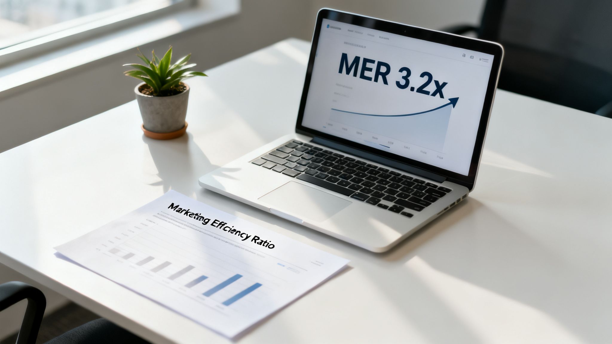 A laptop showing a MER 3.2x graph and a paper document titled Marketing Efficiency Ratio on a desk.