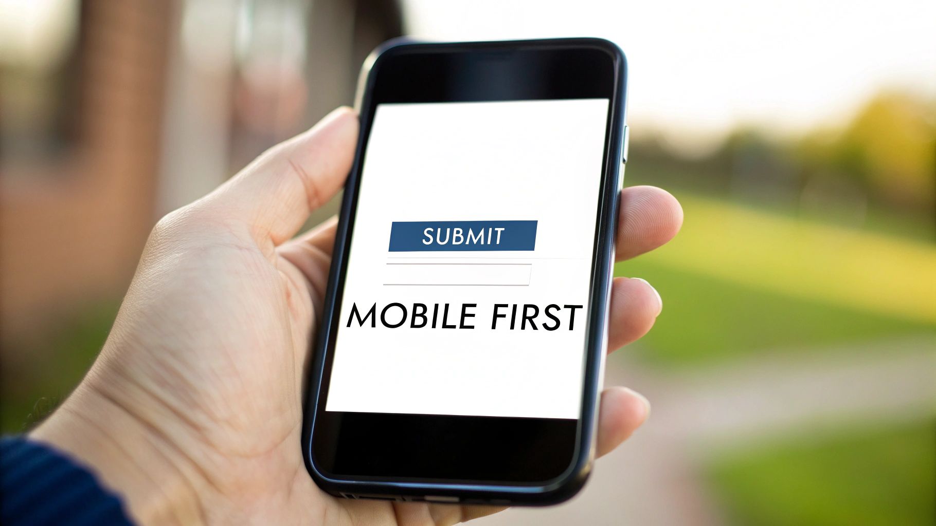 A hand holds a smartphone displaying a 'SUBMIT' button and 'MOBILE FIRST' text on a white screen.