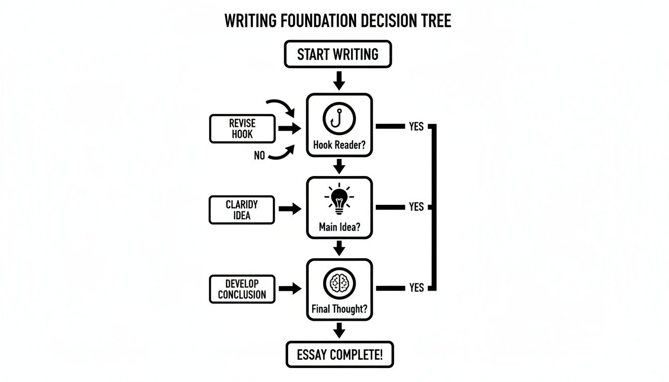 Flowchart showing a writing foundation decision tree for essay development with revision loops.