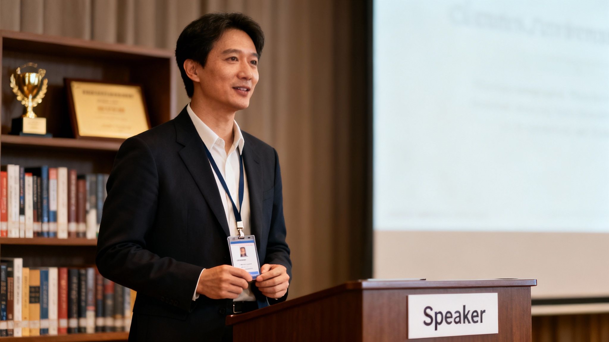 A smiling Asian man in a suit presents at a conference podium with an ID badge.