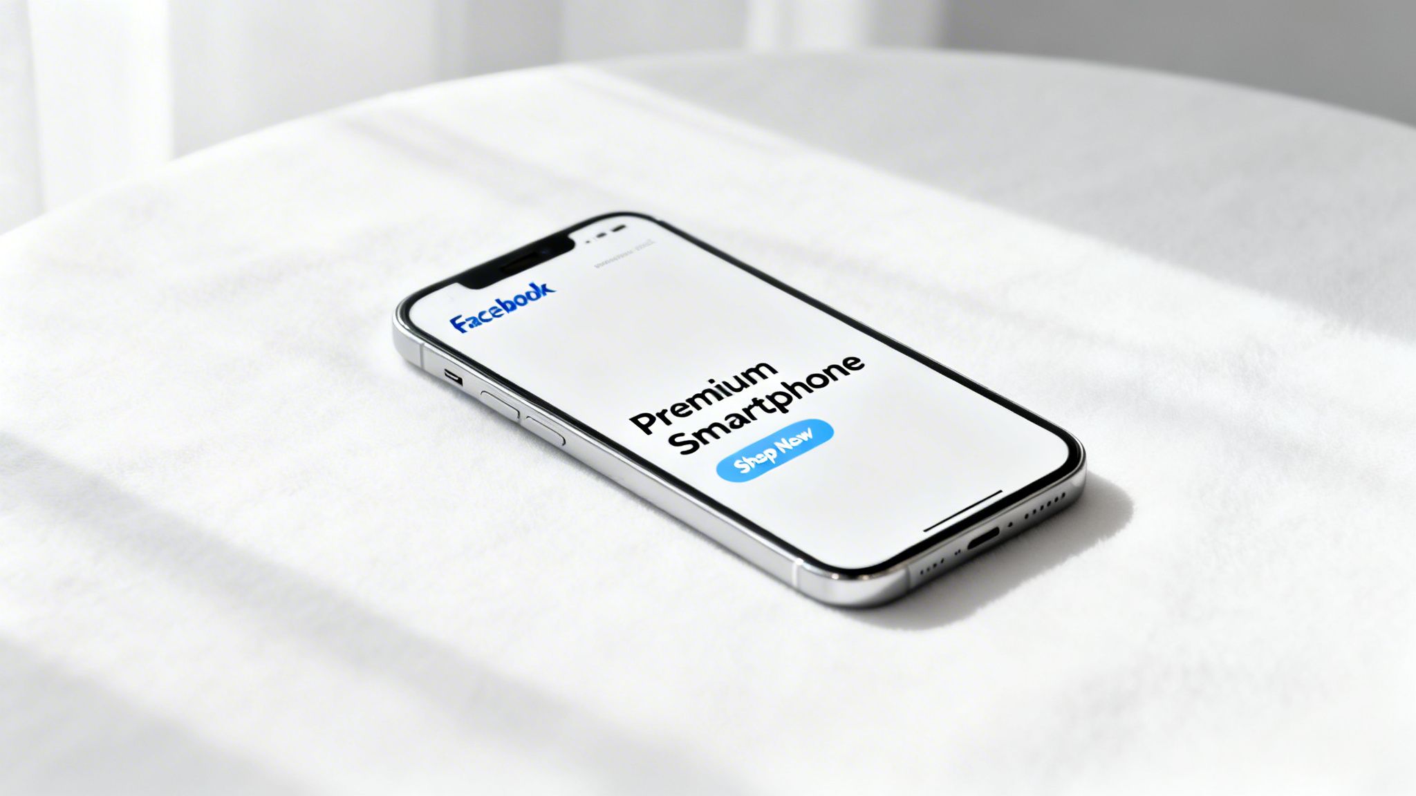 An iPhone displaying a Facebook ad for a premium smartphone with a 'Shop Now' button on a white table.