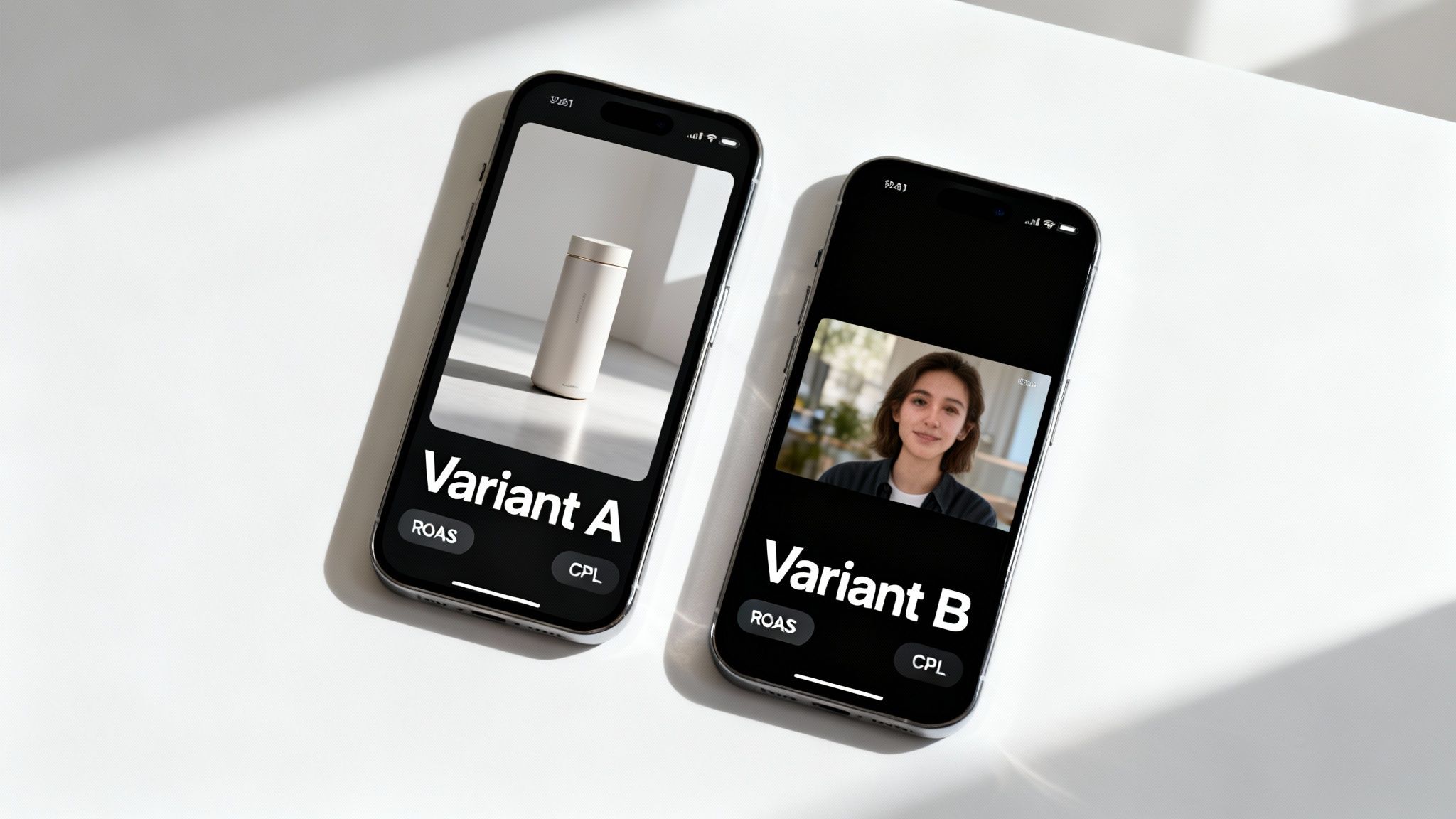 Two iPhones display A/B test variants: a product image and a video call of a person.