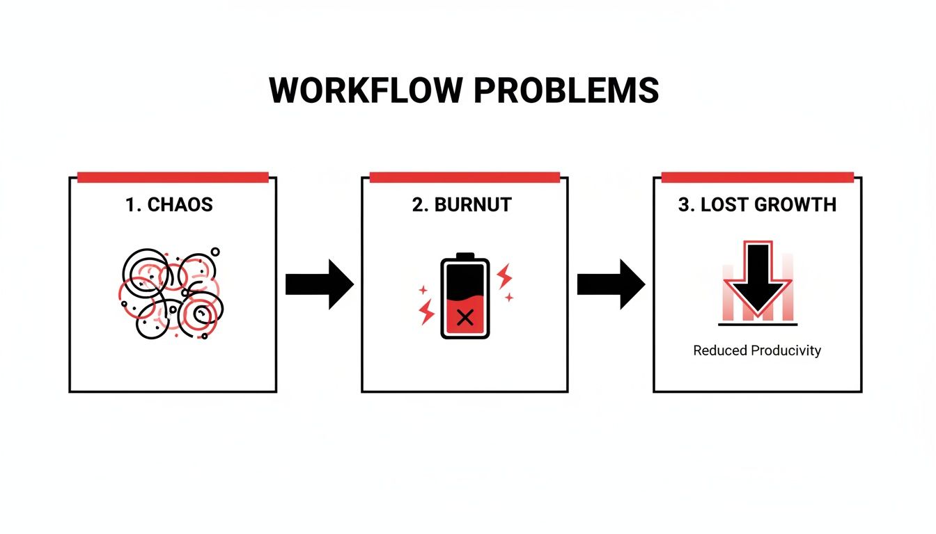 An infographic illustrating workflow problems: 1. Chaos, 2. Burnt, leading to 3. Lost Growth and Reduced Productivity.
