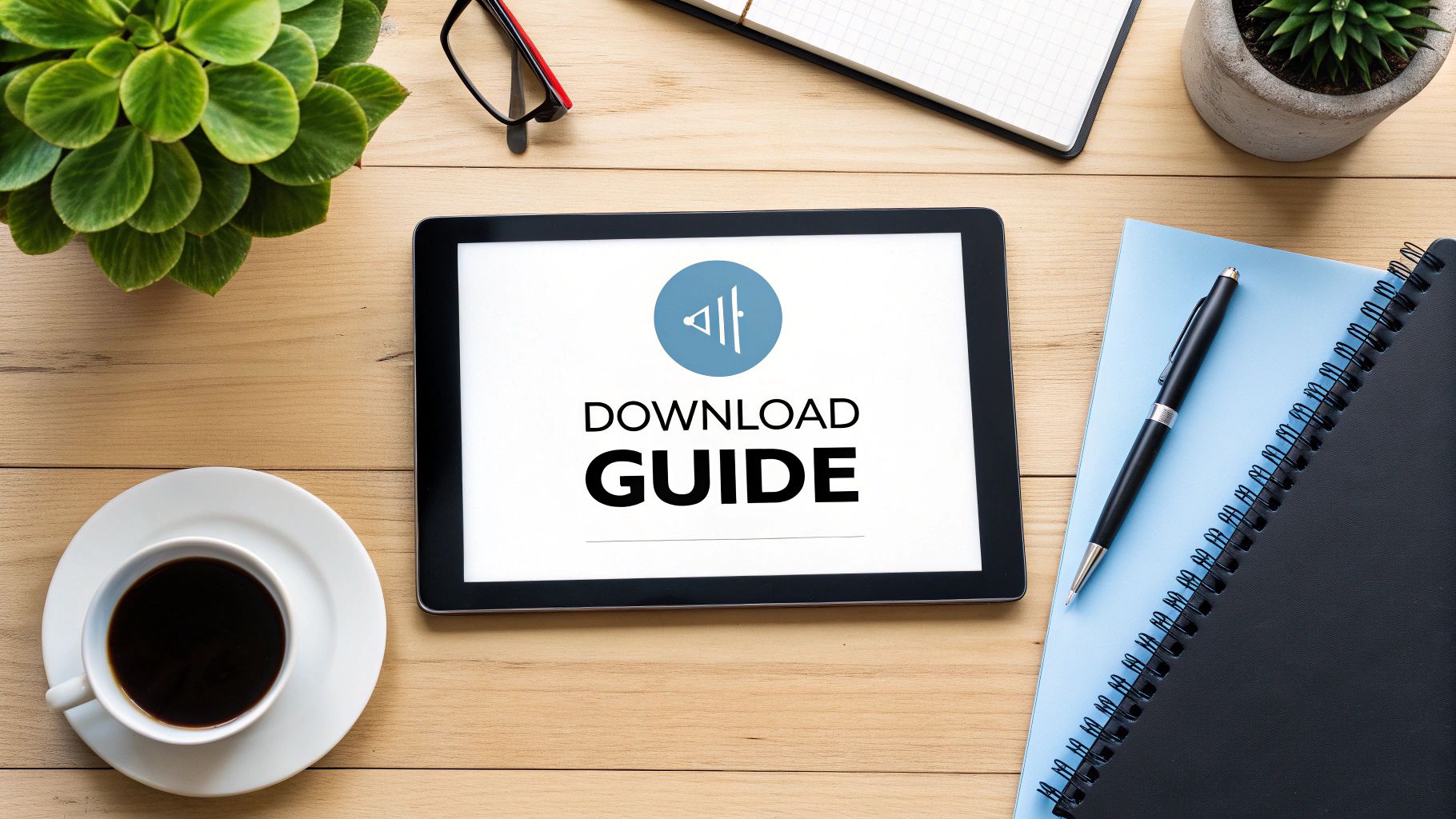 A flat lay of a wooden desk with a tablet displaying 'Download Guide', coffee, plant, and office supplies.