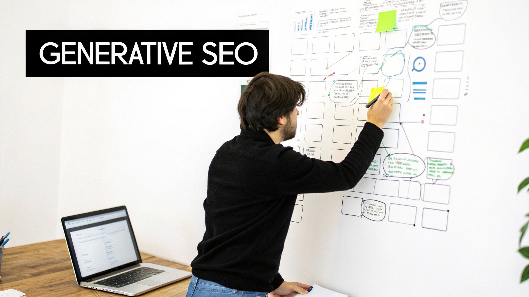 A person is writing on a whiteboard with a 'GENERATIVE SEO' banner, a laptop sits nearby.