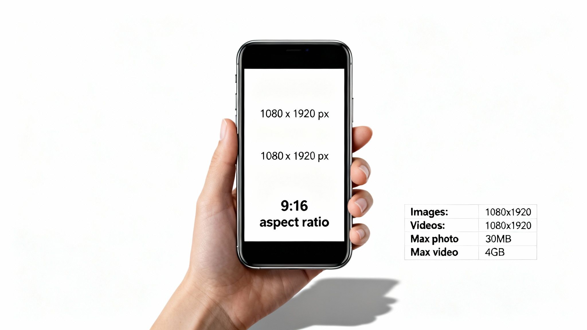 Smartphone showing 1080x1920 pixels and 9:16 aspect ratio for social media stories, with file size limits.