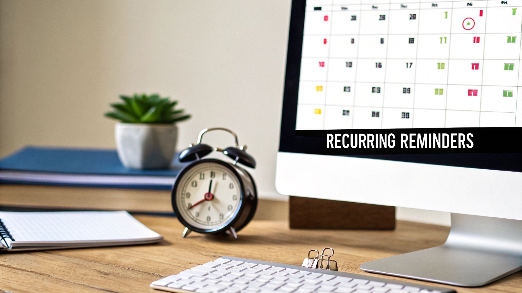A desk with a computer monitor showing a calendar for recurring reminders, an alarm clock, and office supplies.
