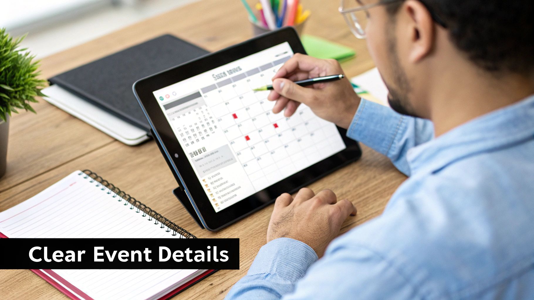 A person uses a stylus to mark important dates on a digital calendar app on a tablet.