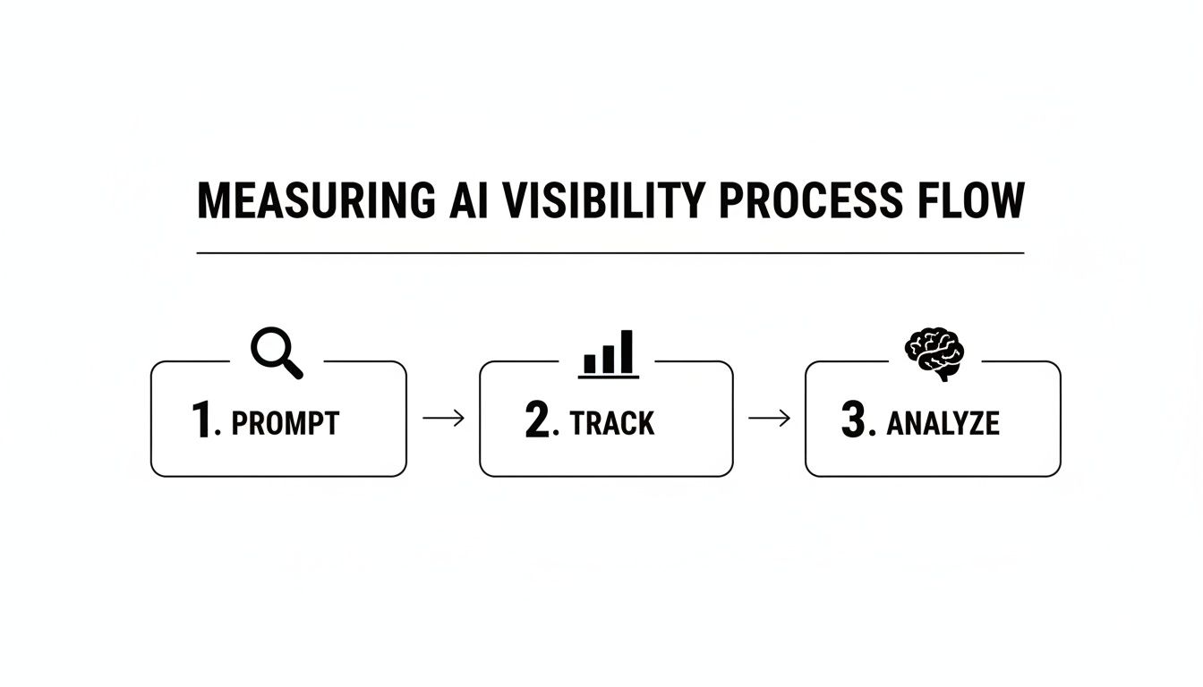 A three-step process flow diagram illustrating measuring AI visibility: Prompt, Track, and Analyze.