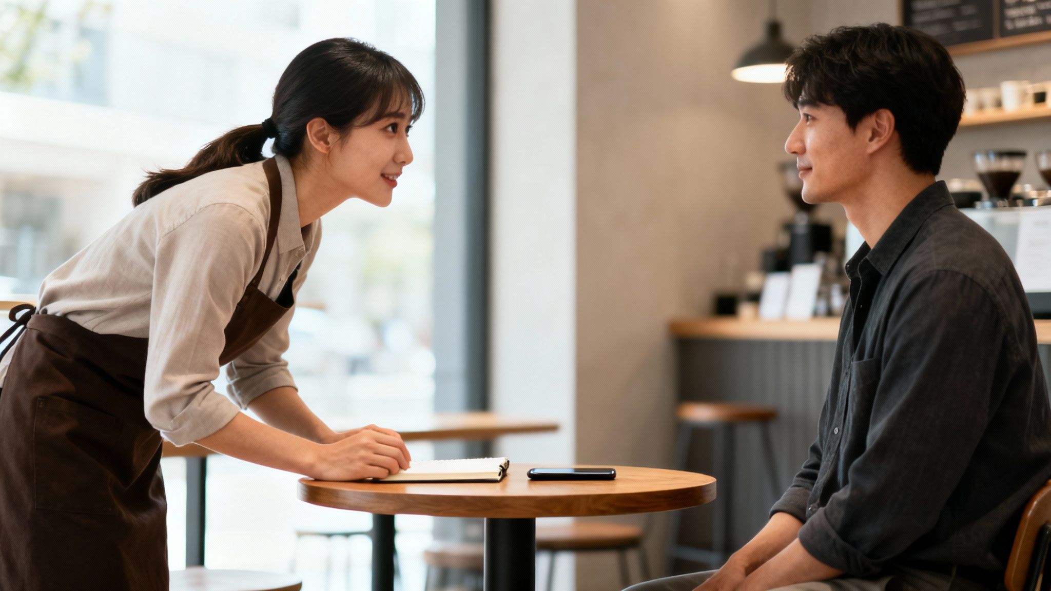 A smiling female barista takes an order from a male customer in a modern cafe.
