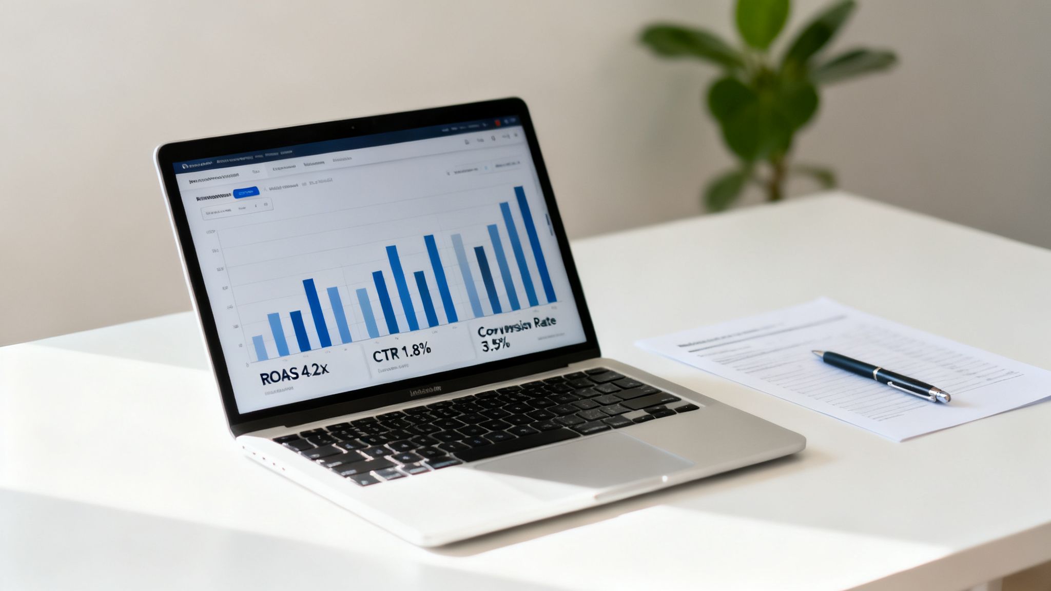 A laptop on a white desk displaying a bar chart with marketing metrics like ROAS, CTR, and conversion rate.