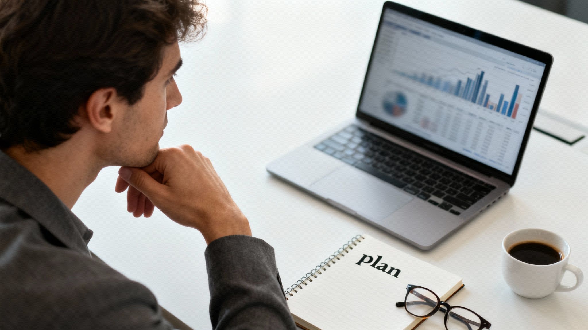 A thoughtful man analyzes business data on a laptop, with a 'plan' notebook and coffee on the desk.