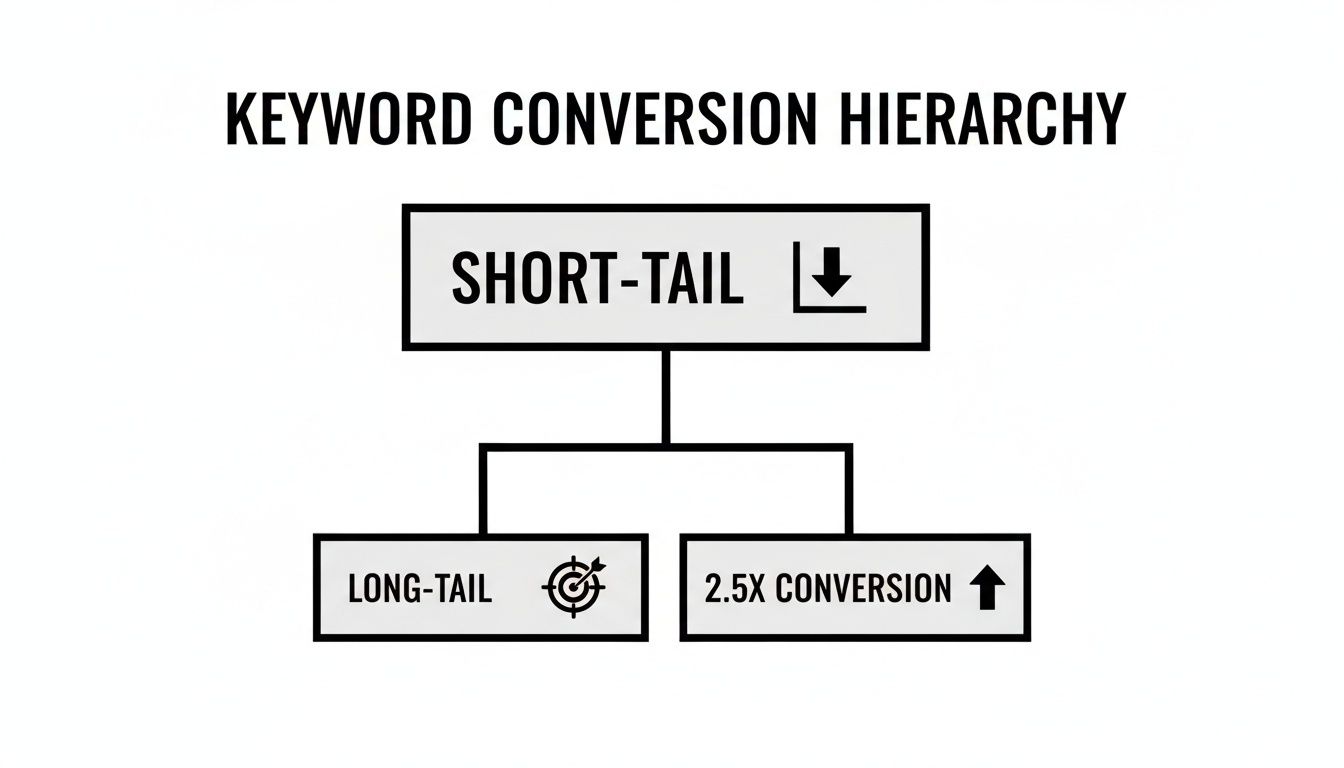 Diagram illustrating the keyword conversion hierarchy, showing short-tail keywords leading to long-tail with 2.5x conversion.