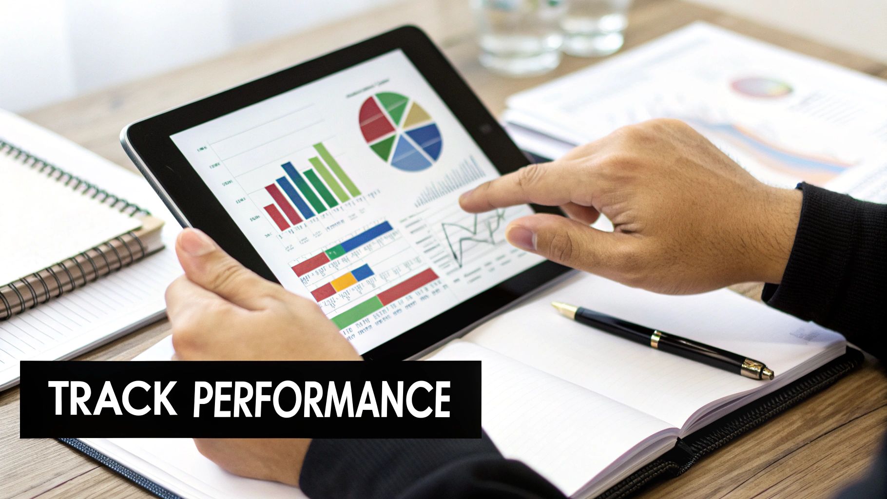 A person analyzing business performance data on a tablet with charts and graphs on a desk.