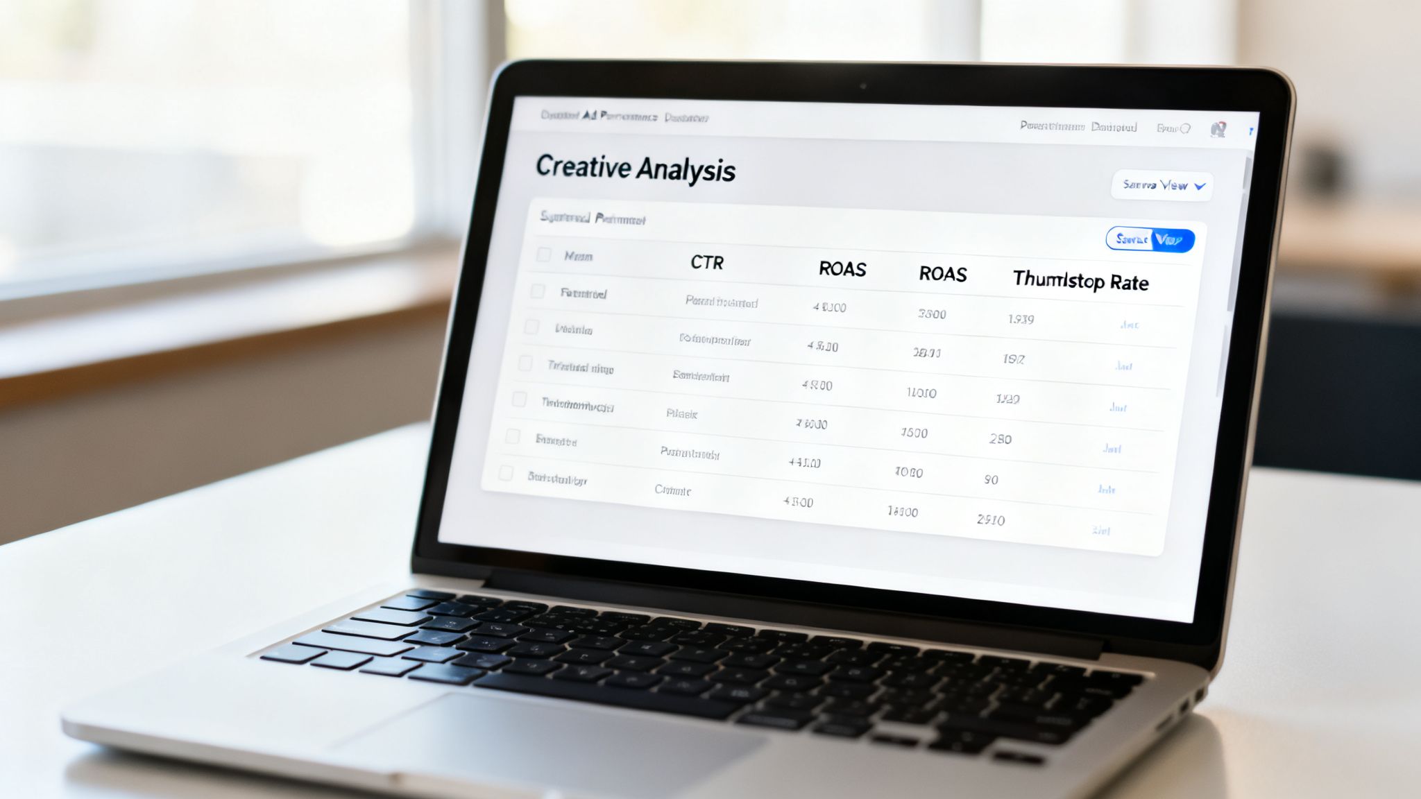 A laptop screen displays a creative analysis dashboard with performance metrics like CTR, ROAS, and Thumbstop Rate.