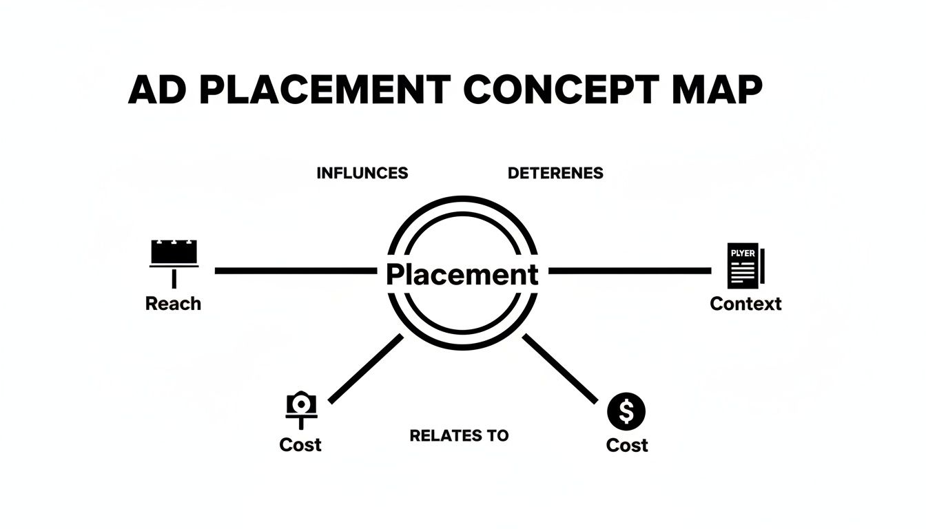 A concept map illustrates ad placement factors, showing influences like reach and context, and relates to cost.