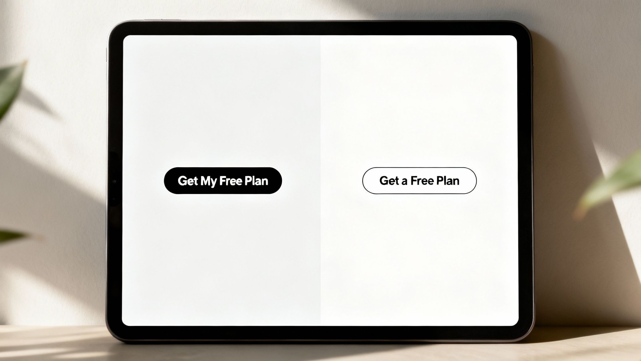 A tablet screen displaying two call-to-action buttons: a solid black 'Get My Free Plan' and an outlined 'Get a Free Plan'.