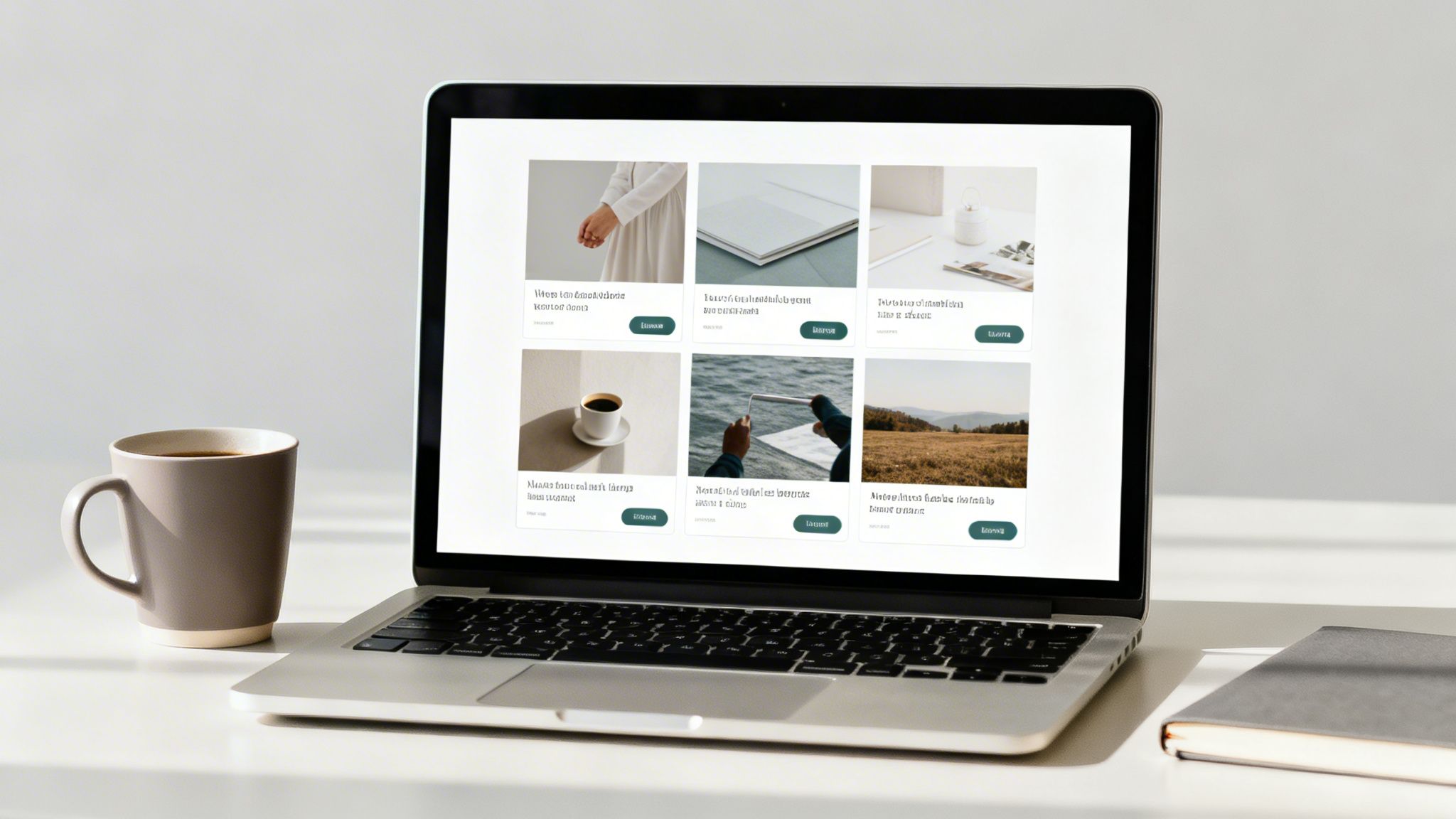 A laptop on a white desk displays a creative portfolio website, with a coffee mug and notebook nearby.
