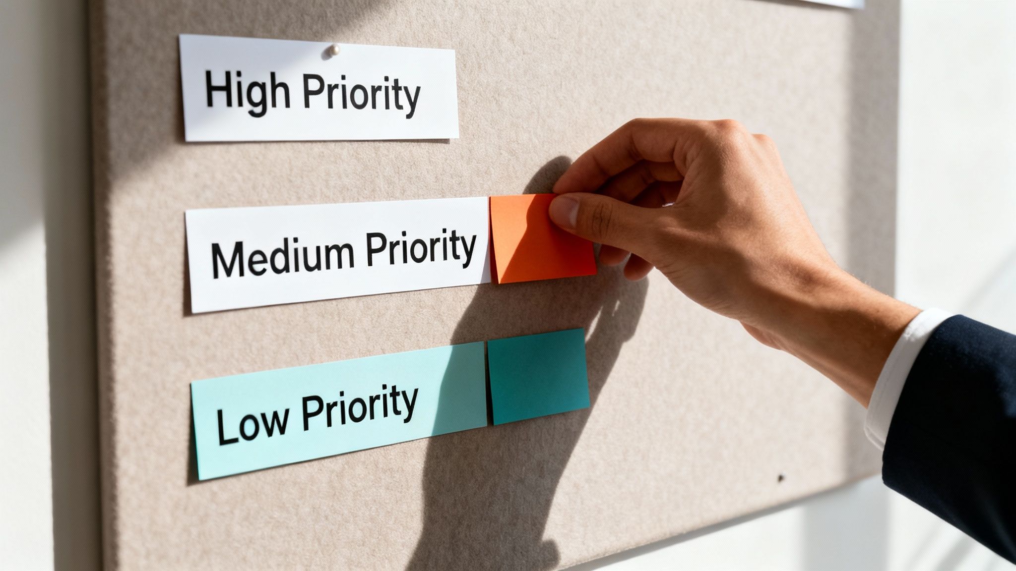 A hand places an orange sticky note next to "Medium Priority" on a felt board with other priority labels.