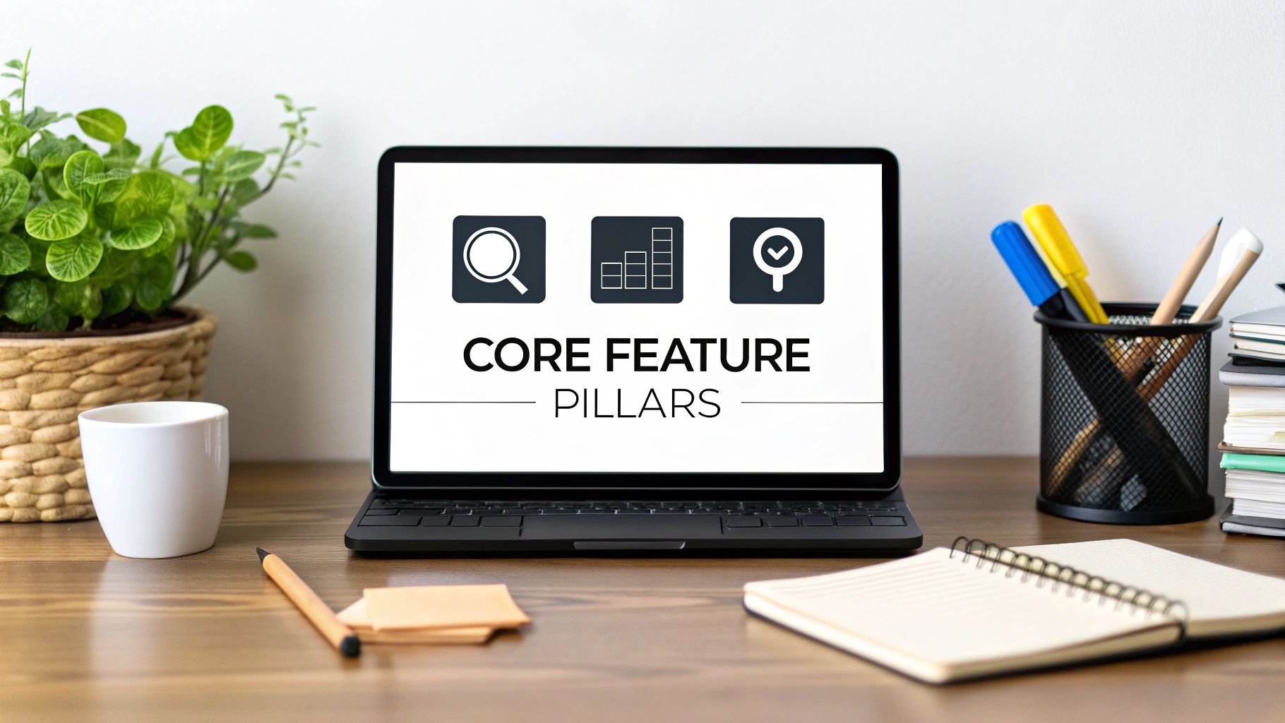 A laptop on a wooden desk showing 'CORE FEATURE PILLARS' with icons for search, data, and validation.