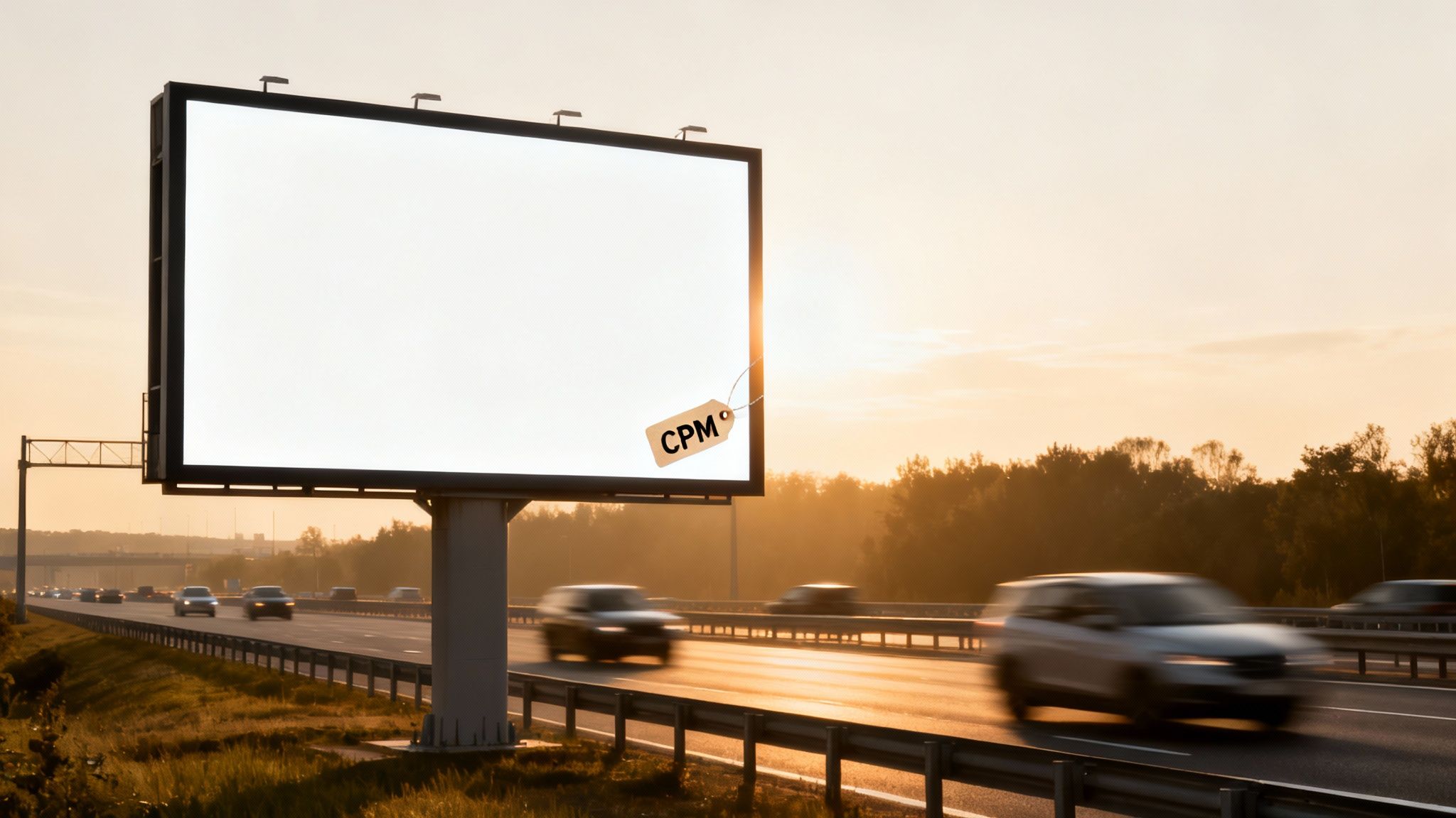 A blank billboard with a 'CPM' tag stands beside a busy highway at sunset, symbolizing advertising costs.