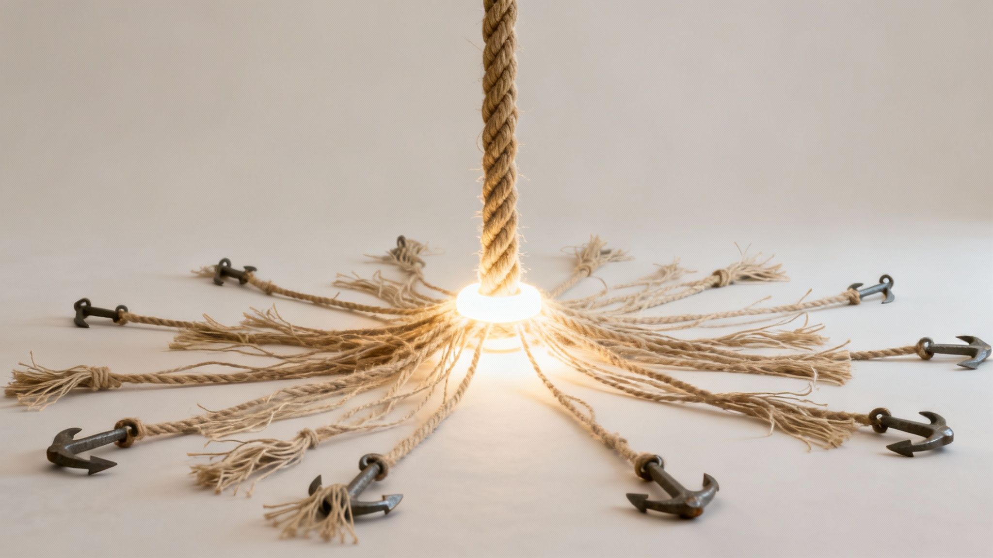 A thick rope illuminates at its base, fanning out into many thinner ropes each tied to a small anchor.