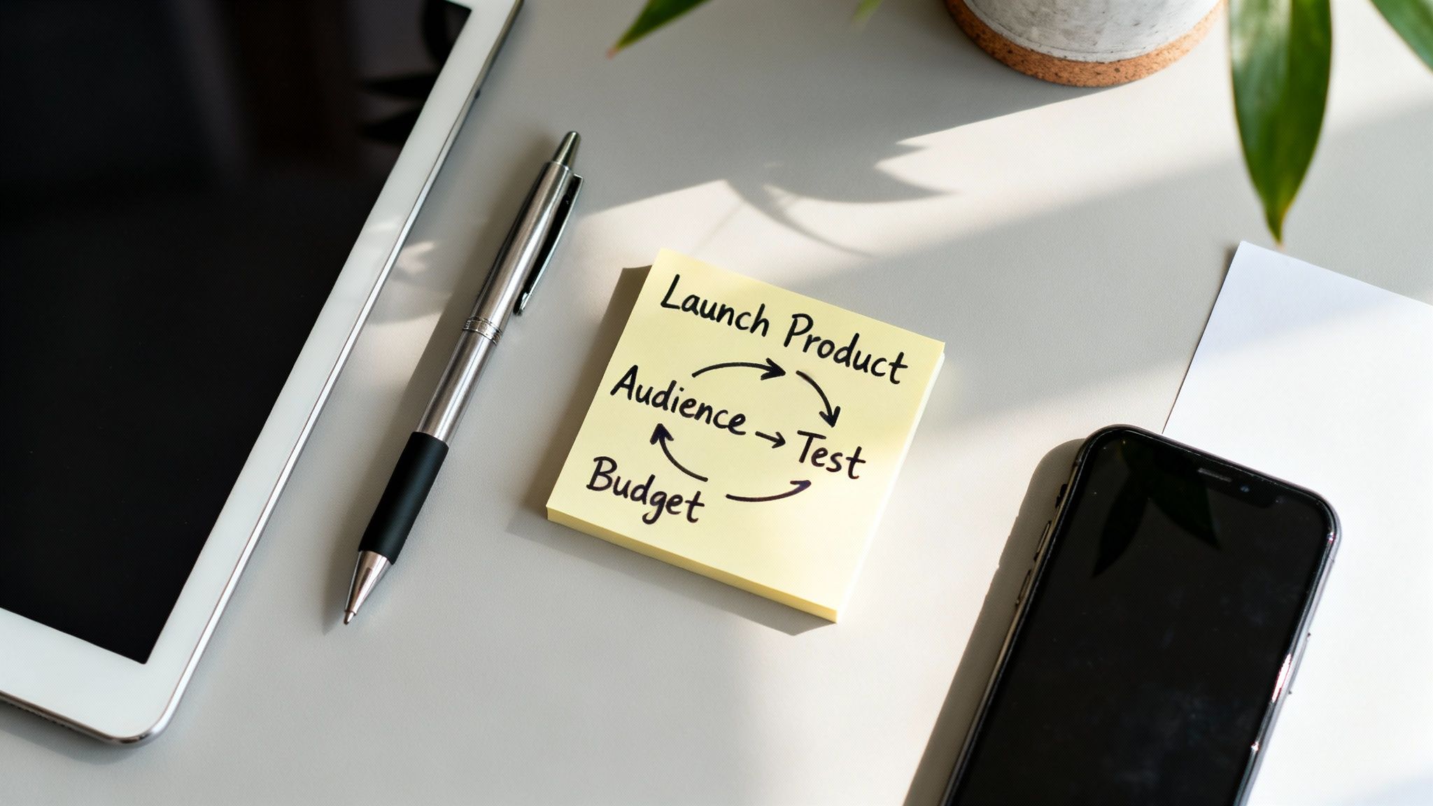 A sticky note on a desk outlines a product launch strategy: Launch Product, Test, Audience, Budget.