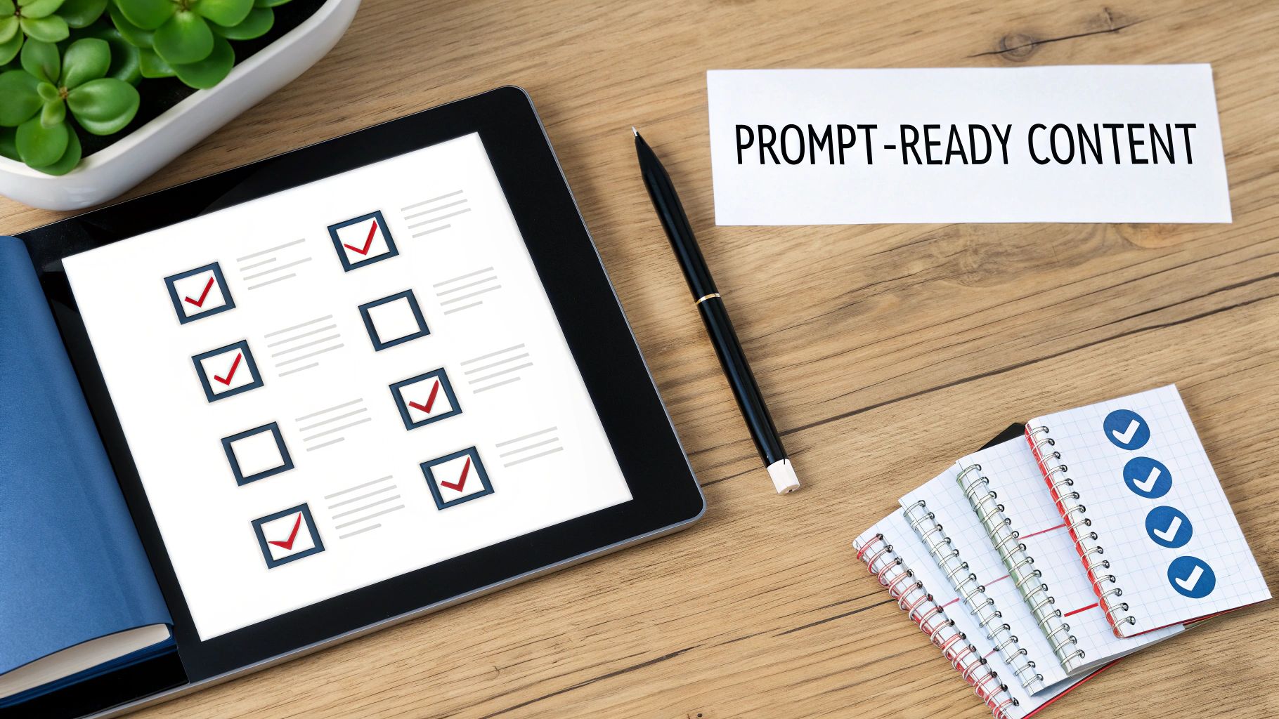 Desk with a tablet displaying a checklist, a pen, 'PROMPT-READY CONTENT' note, and notebooks.